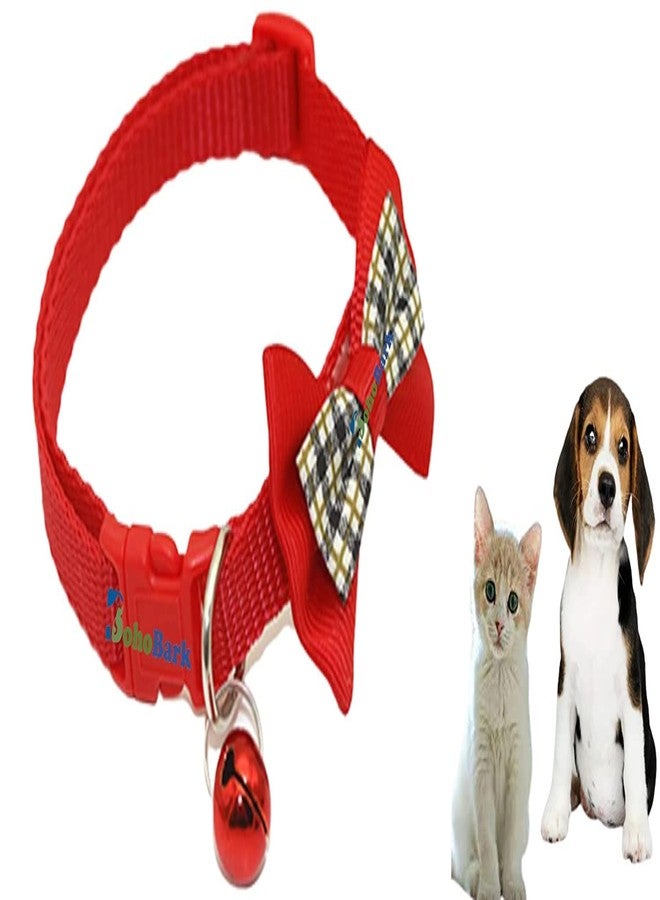 BohoBark Cat & Dog Collar Adjustable Safety Buckle Dog Cat Accessories Fashion Checkered Bow tie with Bell Pack of 1 (Red, Checkered No .1) - Image 1